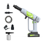 Dylect AirWash Go Cordless Pressure Washer Gun Light Grey with battery pack, spray nozzle and foam bottle for car washing

