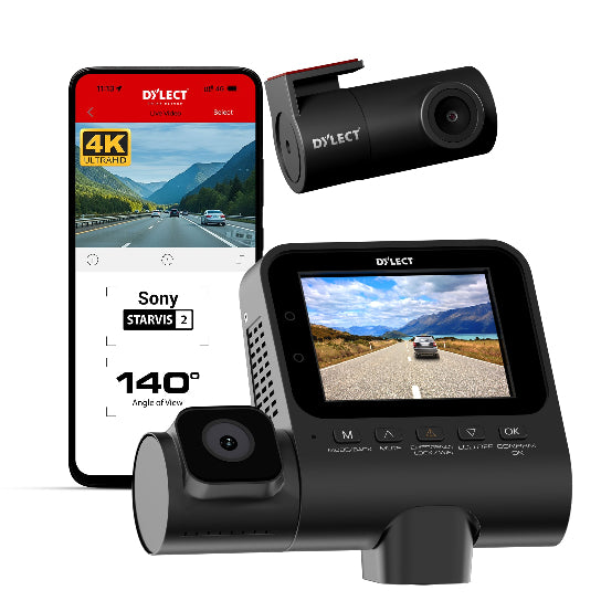DYLECT Sense 4K Ultra three channel dash cam with front rear and cabin camera recording for complete vehicle protection
