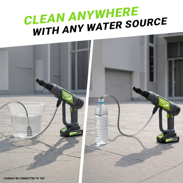 Dylect AirWash Go portable pressure washer compatible with bucket water and direct water supply connections