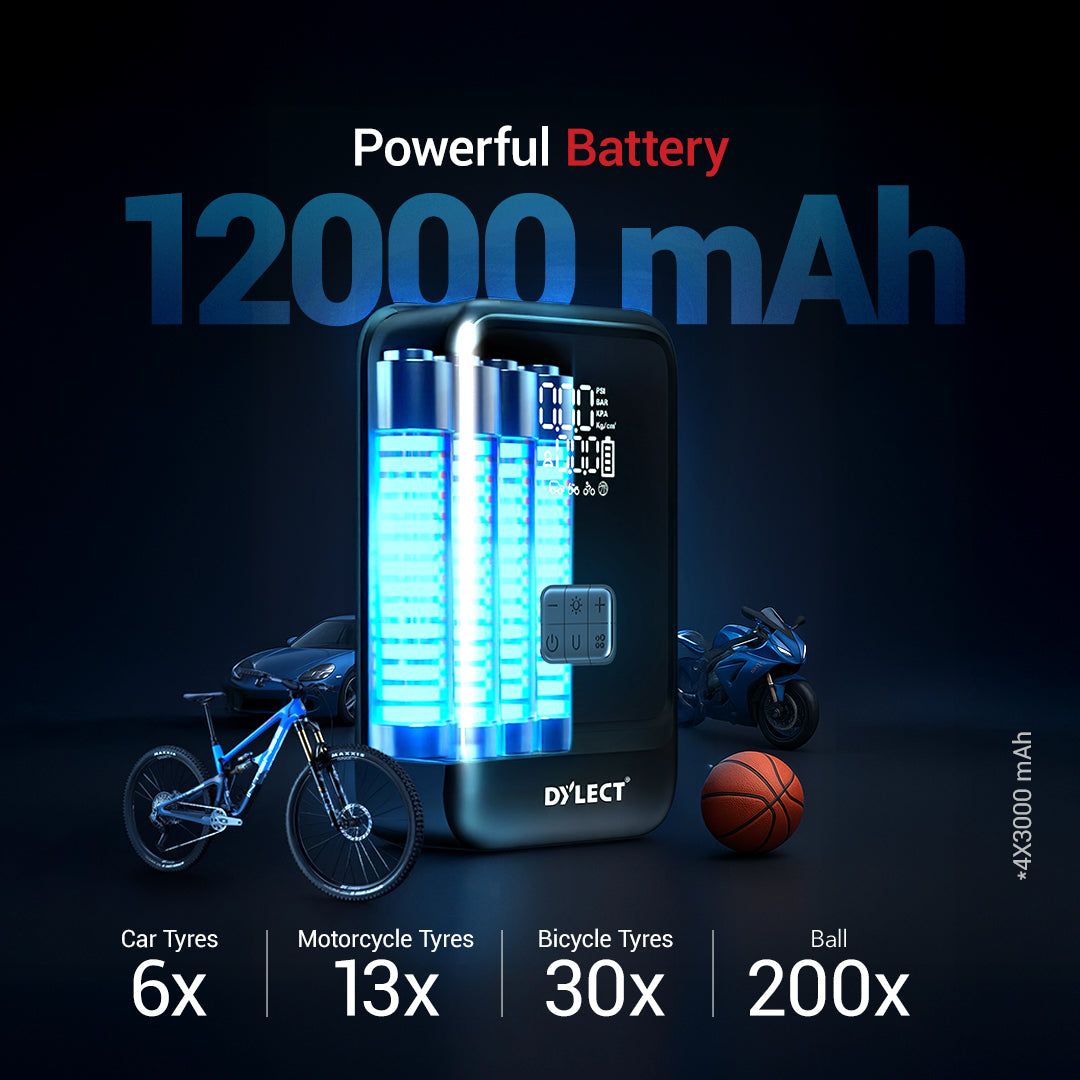 Dylect® AIR NOVA 4-in-1 Jump Starter & Tyre Inflator for Car and Bike | 1000A Peak | 12,000 mAh Power Bank | 160 PSI | Dual Display & Auto Cut-Off | LED Light | Type-C Fast Charge