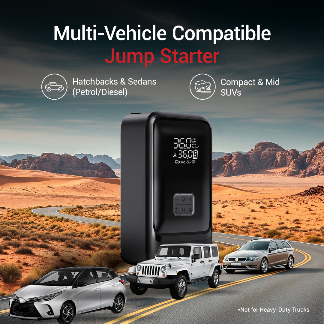 Dylect® AIR NOVA 4-in-1 Jump Starter & Tyre Inflator for Car and Bike | 1000A Peak | 12,000 mAh Power Bank | 160 PSI | Dual Display & Auto Cut-Off | LED Light | Type-C Fast Charge
