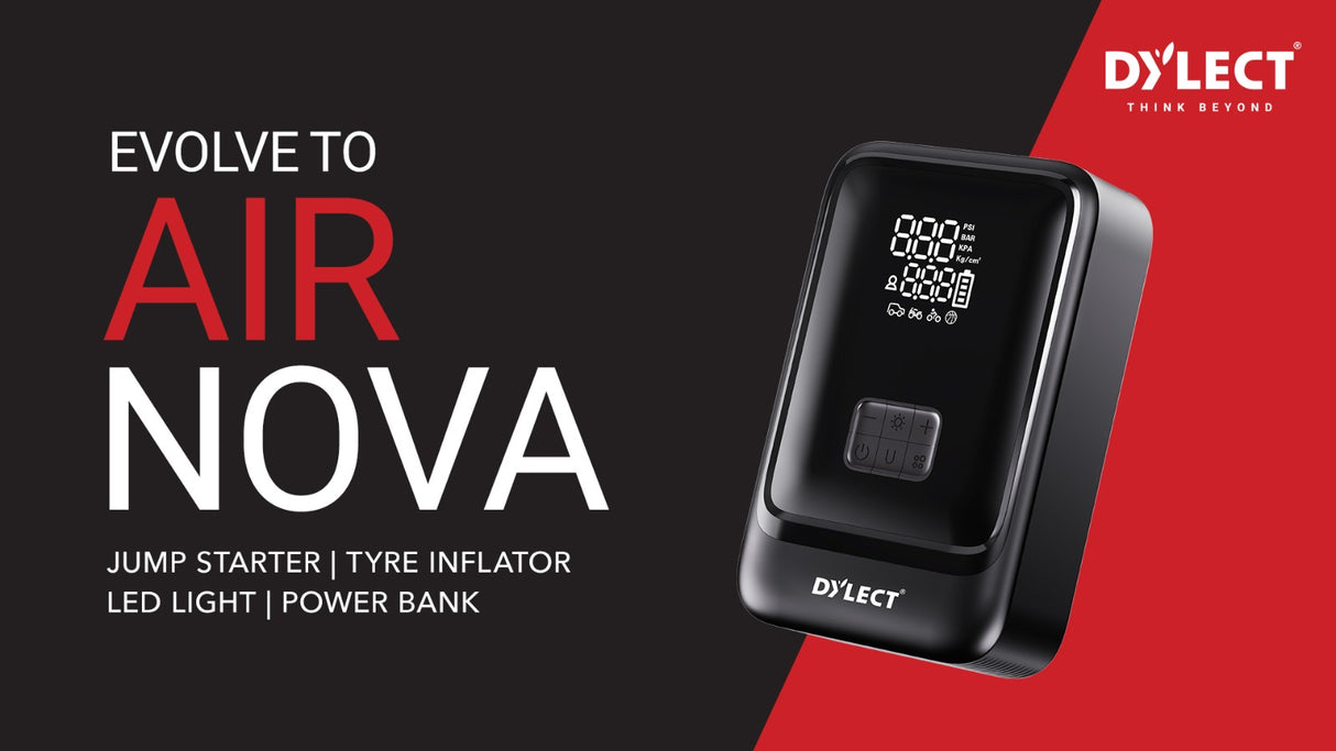 Dylect® AIR NOVA 4-in-1 Jump Starter & Tyre Inflator for Car and Bike | 1000A Peak | 12,000 mAh Power Bank | 160 PSI | Dual Display & Auto Cut-Off | LED Light | Type-C Fast Charge